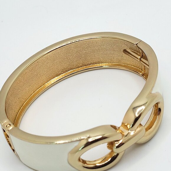 Off White Enamel & Gold Tone Hinge Clamp Bangle Bracelet 6.75" - Picture 3 of 6